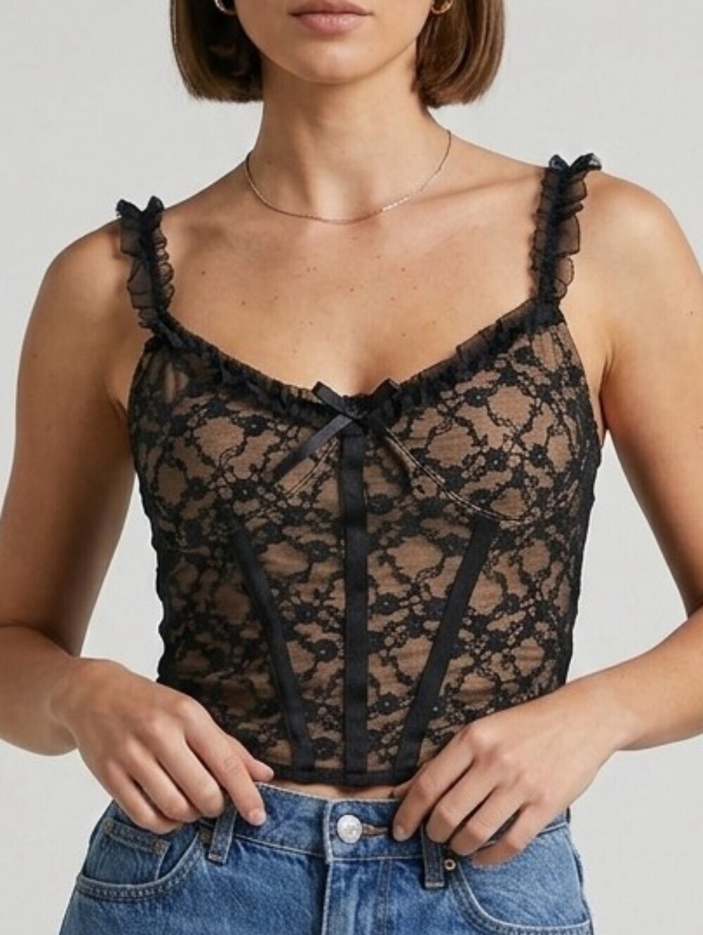 Y2K Stretchy Lace Corset Style Tank Top No Size Tag Fits Medium CuteConcert Top